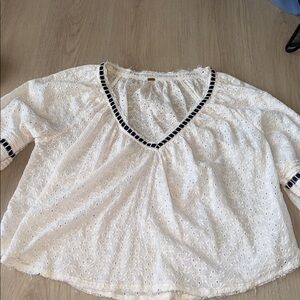 Free People White Eyelet V-Neck Blouse with Black Trim